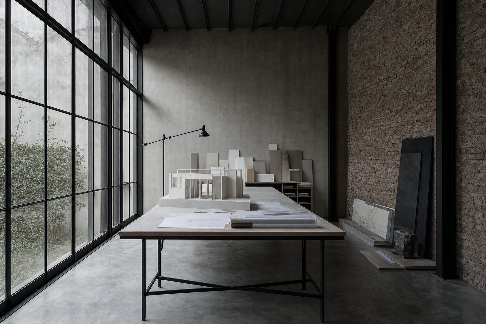Werktafel met uitgerolde plannen en een maquette in een atelier met betonvloer en hoge noorderramen