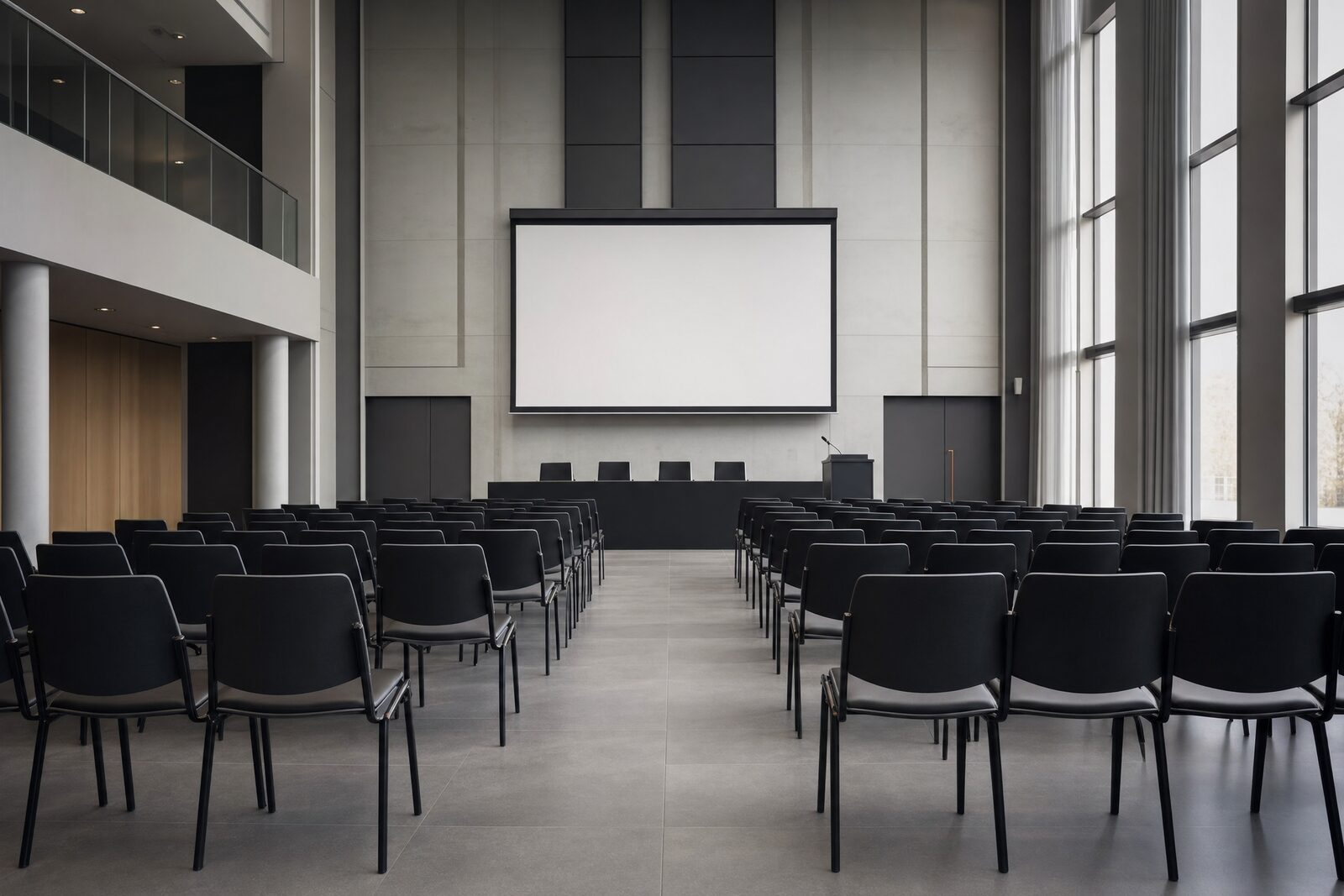 Lege zaal met rijen stoelen en een projectiescherm, opgesteld voor een informatievergadering