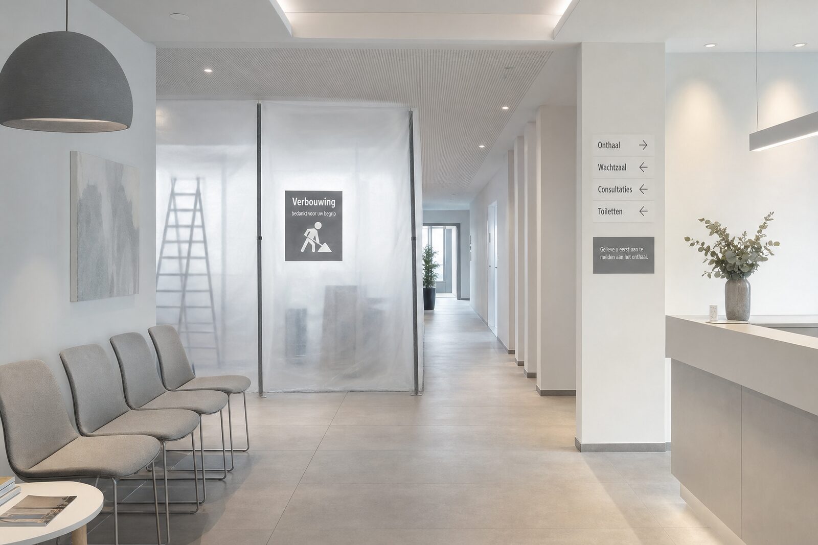 Onthaalzone van een praktijk met een tijdelijke scheiding tussen werfzone en werkende zone